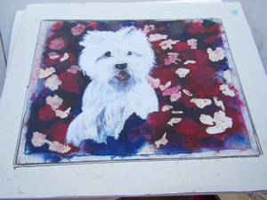 lot 4 image: Zoo art by MJ. Marc 1511 painted on a napkin, Butler art of wheat 1611, K. Butler canvas board art doggy 1216