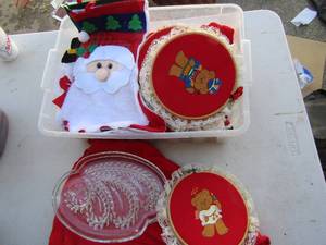 lot 155 image: Christmas tree skirt, stockings, clear glass wheat design playes, kniited bears qty6