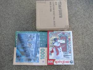 lot 163 image: 500 Piece springbok puzzle new, 1000 Piece jigsaw puzzle new, Lighted wall mum basket NIB