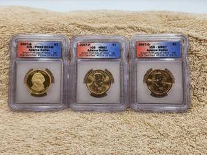 lot 177 image: 2007-S, 2007-P, and 2007-D - 3-Coin First Day of Issue Adams Dollar Set