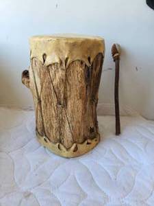 lot 56 image: Vintage tribal drum - wood tree trunk and rawhide