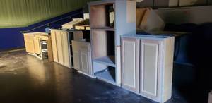 lot 72 image: Large Lot of Wood  Custom Cabinetry, Approx 7 Pieces (EVERYTHING ON FLOOR IN PHOTO, BUYER MUST TAKE ALL)