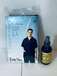 lot 43 image: Lot of 2 - New Barber Apparel MVP Barber Jacket Size Small, NavyWhite & New Purador 100% Pure Argan Oil