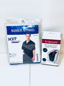 lot 46 image: Lot of 2 - New Barber Apparel MVP Barber Jacket Size Medium, WhiteNavy & Scalpmaster Heat Resistant Silicone Tool Pouch
