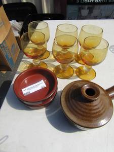 lot 42 image: 2 ceramic bowls, taurine covered, 6 light brown short stim wine glass