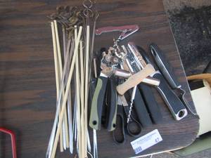 lot 47 image: wine cork openers, potato peeler, hand held can openers, shish kabobs