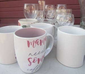 lot 48 image: clear glass wine glasses, handled coffee mugs,