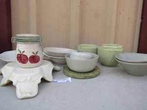 lot 52 image: Various deep soup and salad bowls, covered sugar dish, plate peddel stool