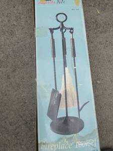 lot 71 image: Home set of 4 piece fire place tools NIB, box has small damage but not merchandise