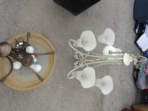 lot 74 image: 3 tier hanging light fixture for living area unknown condition of working order, 5 tier frosted glass dining room chandelier used