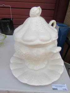 lot 135 image: white fruit design punch bowl covered, lattel, and matching platter