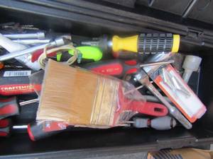 lot 146 image: Black sears craftsman tool caddy full of screw drivers, paint brushes, sockets and more