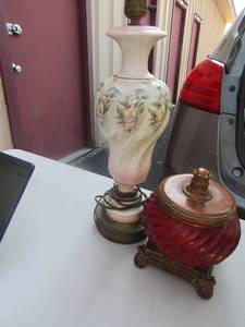 lot 155 image: floral design bed side lamp with no shade, covered wilco import vase with built in stand