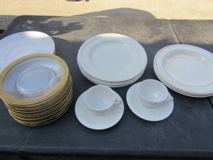 lot 157 image: Faberware concord white tea cup and saucer qty2,  gold rim saucers clear glass qty 12, daily dining dinner plates various designs qty 10