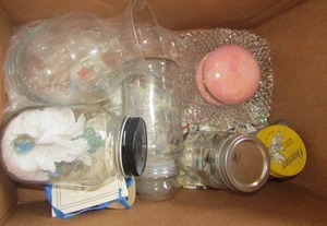lot 172 image: various storage baskets, planters peanut jar with lid, 2 glass candy dishes, brown bag cookie art scar crow design
