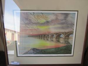 lot 183 image: Pepsi Country Canadas 1995 print of the year By Anderson, Geese by a frozen river with a Pepsi truck in garage 2729, TF. Hernan Sade framed art of Columbia Wrightsville bridge 2226