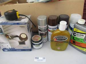 lot 186 image: Box of various items such as cans of spray paint, CLR, sample paints, and more