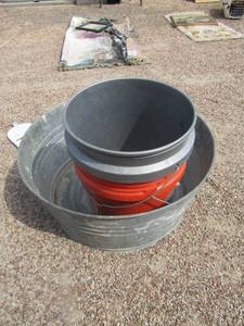 lot 188 image: Round metal water trough or feeding bucket, 2 empty 5 gallon buckets no lid