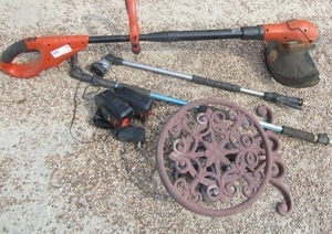 lot 190 image: sprayer handle for power washer or water hose qty 2, wall hanger for water hose, black and decker electric weed eater comes with charger and 2 batteries