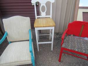 lot 203 image: 342326 blue and white rocker in great condition, 451616 white high back bar stool good condition, red hard wood chair 312417 has a cheetah design right down the middle