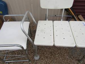 lot 208 image: exercise ball, shower chair, small white stool, metal shoe rack