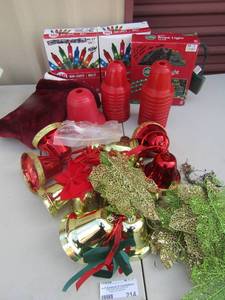 lot 214 image: Christmas lot of dcor bells, extra bell balls, 3 sets of color lights for inside outside hanging, glitter butterflys for tree dcor