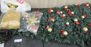 lot 228 image: Christmas lot, tree star, gold Christmas bulbs, wall hanger Christmas tree 5 ft