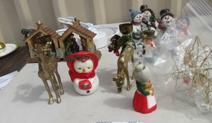lot 232 image: 2 brass deer candle holders, mini tree dcor, mini Nativity scene