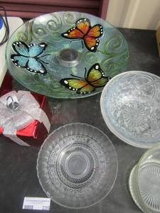 lot 235 image: various clear glass bowls, large decretive bowl, red ceramic covered glass gift box