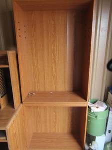 lot 242 image: 5 tier wood book shelf 713012, small childs size desk with minimal storage, pull out keyboard table 533519