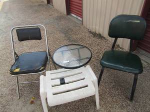 lot 39 image: 2 fold up chairs, fold up outdoor table with glass top, white plastic foot stool outdoor bench