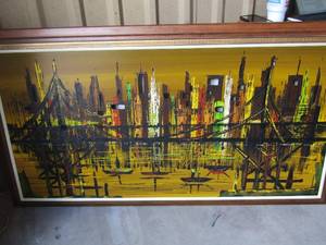 lot 9 image: VINTAGE LIGHTED CITY SCAPE BY NARD FRAMED 54 X29  works great, MCM
