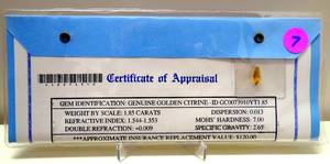 lot 7 image: BIG $ ITEM - GENUINE 1.85 CARAT GOLDEN CITRINE WITH CERTIFICATION APPRAISAL $120.00
