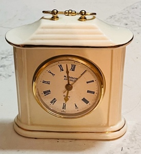 lot 62 image: Porcelain Madison Avenue Desk Shelf Mantle Clock - Cream &amp Gold Accents