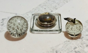 lot 72 image: Murano Clear Glass &amp Vintage Apple Art Glass Paperweights WControlled Bubbles and Denver Paperweight&nbsp