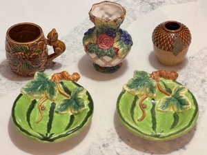 lot 73 image: 1994 Fitz and Floyd Grape and Rose Vase, Vintage Victoria Ceramics Small Brown SquirrelPinecone &amp Acorn Cup &amp Container, &amp Vintage Ceramic Watermelon Shaped Dishes
