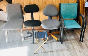lot 127 image: Lot of 2 Patio Chairs, Two Office Chairs, Two Padded Chairs, &amp One Foldable Stool