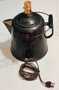 lot 144 image: Antique Black &amp White Speckled Coffee Pot Repurposed Into A Lamp