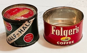 lot 151 image: Vintage Large Half and Half Tobacco Tin WOriginal Lid &amp 1952 Folgers Coffee Can