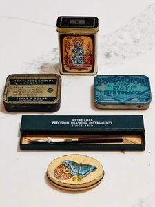 lot 155 image: Vintage Alteneder Precision Drawing Instruments Precision Cutting Tool &amp Four Tins - Including Edgeworth Extra High Grade Sliced Tobacco &amp 1930s Sucrets Tins