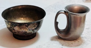 lot 156 image: Vintage Academy Silver Plate Bowl &amp Vintage BPW Pewter TankardHorn Shaped Mug