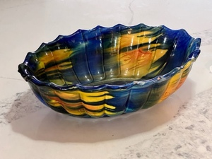 lot 167 image: AntiqueVintage Unusual Drip Glaze Swirl Oval Pottery Multi Color Heavy Bowl