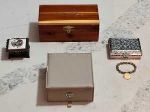 lot 184 image: Four Beautiful Jewelry Boxes - Including Brighton, Things Remembered, Handcrafted Wooden, &amp Vintage Music Box
