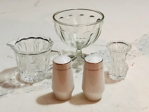 lot 209 image: Pressed Glass Creamer WEtched Rooster Design &amp Vintage Depression Glassware Optic Glass CustardSherbert Cup W Cut Glass Toothpick Holder &amp Command Performance White With Gold Trim Salt &amp Pepper Set
