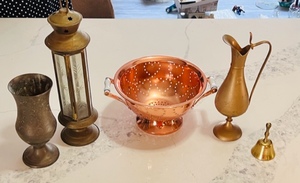 lot 222 image: AntiqueVintage Brass Lot of Five - Including Solid Brass Pitcher Made in India, Teleflora Brass Colander, &amp Brass Bell