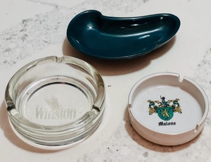 lot 223 image: Vintage Winston Heavy Glass With Etched Logo, Frankoma Pottery 243, and Malone Family Crest Ashtrays