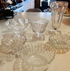 lot 257 image: Vintage Anchor Hocking Ice Cream Sundae Clear Float Glass, Imperial Glass CAPE COD Clear Low Sherbet with Wafer Stem 3�, MIKASA Peppermint Clear Crystal Swirl Bowl 5-12, &amp 3 Other Cut Glass Serving Bowls