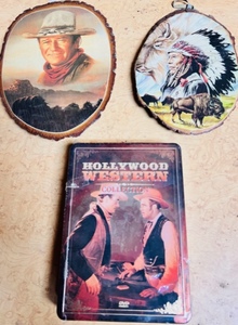 lot 285 image: John Wayne &amp Indian Chief Wooden Plaques W 5 Disc 19 Movie Hollywood Westerns Collections in Collectible Tin