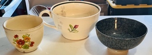 lot 290 image: Three Vintage Serving Bowls - Halls Oven Proof, Chengd Porcelain Blue Gray Cherry Blossoms, &amp Huge Floral Tea Cup Shaped Bowl