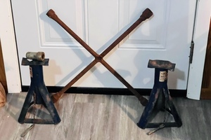 lot 301 image: Vintage WE 2-Ton Jack Stands, KFN Tools 4-Way Lug Nut Wrench, & Battery Post Cleaner